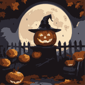 Spooky Halloween Color By Number 8 pumpkin on fence 03 colored Wonderword Crew