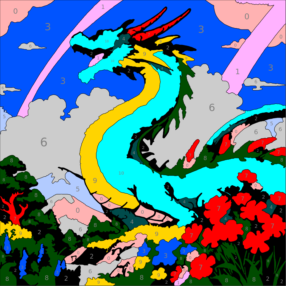 Mythical Creatures Color By Number 5 dragon color by number page. From Mythical Creatures Color by Number by Wonderword Crew.