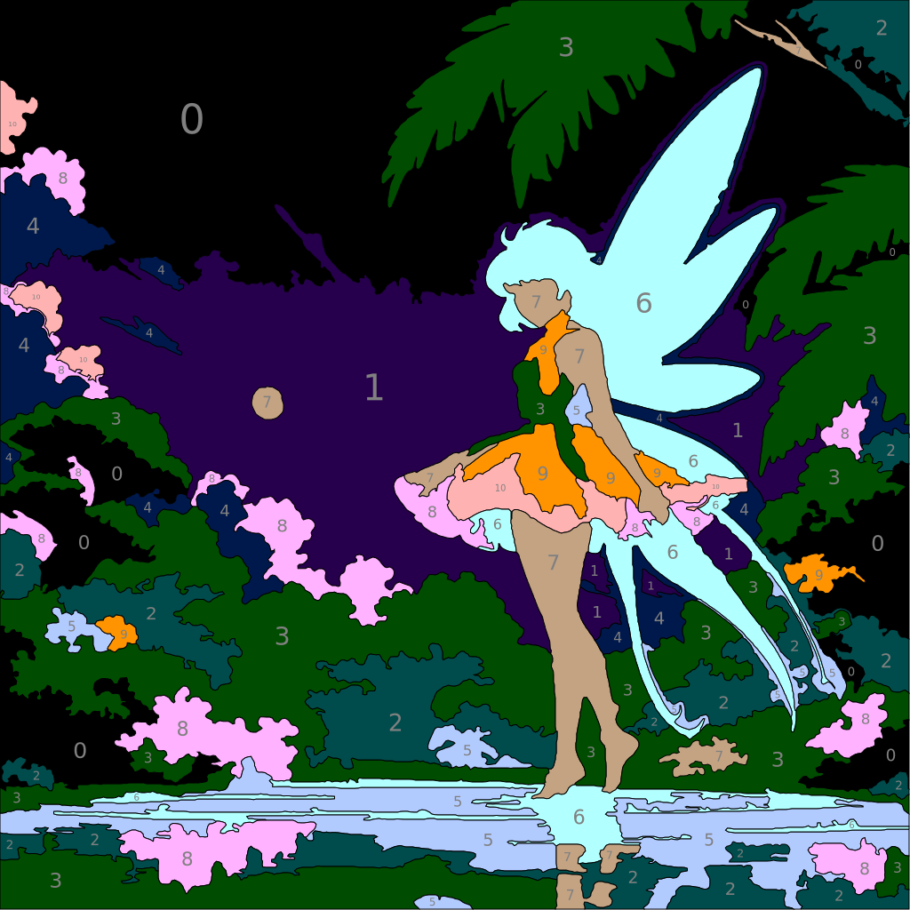 Mythical Creatures Color By Number 15 fairy color by number page. From Mythical Creatures Color by Number by Wonderword Crew.