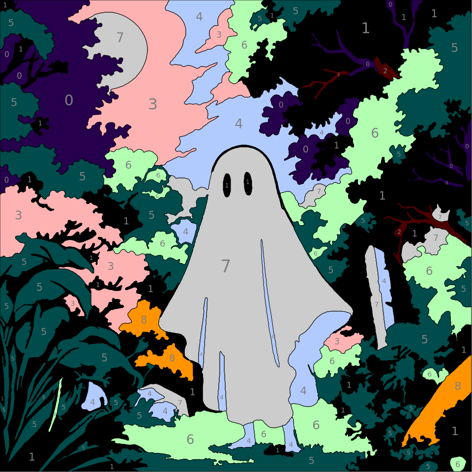 Mythical Creatures Color By Number 23 ghost color by number page. From Mythical Creatures Color by Number by Wonderword Crew.