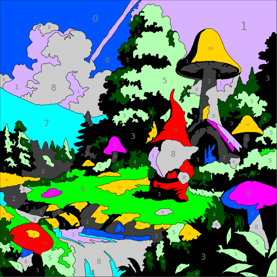 Mythical Creatures Color By Number 30 gnome color by number page. From Mythical Creatures Color by Number by Wonderword Crew.