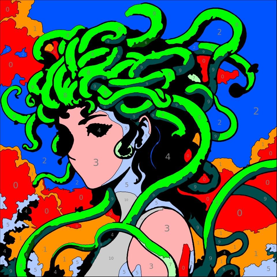Mythical Creatures Color By Number 13 gorgon color by number page. From Mythical Creatures Color by Number by Wonderword Crew.