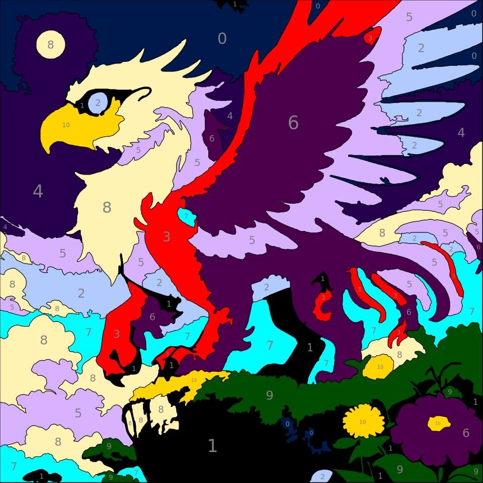 Mythical Creatures Color By Number 6 griffin color by number page. From Mythical Creatures Color by Number by Wonderword Crew.