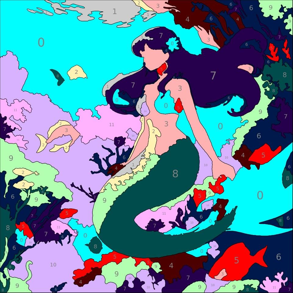 Mythical Creatures Color By Number 25 mermaid color by number page. From Mythical Creatures Color by Number by Wonderword Crew.