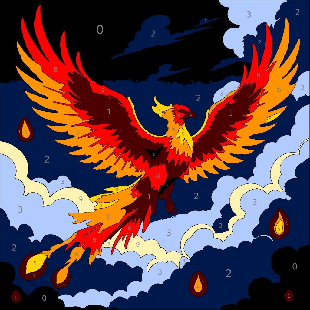 Mythical Creatures Color By Number 21 phoenix color by number page. From Mythical Creatures Color by Number by Wonderword Crew.