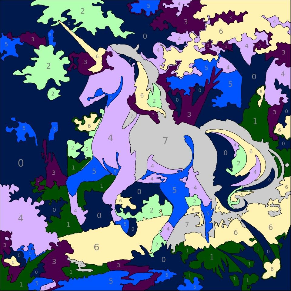 Mythical Creatures Color By Number 19 unicorn color by number page. From Mythical Creatures Color by Number by Wonderword Crew.