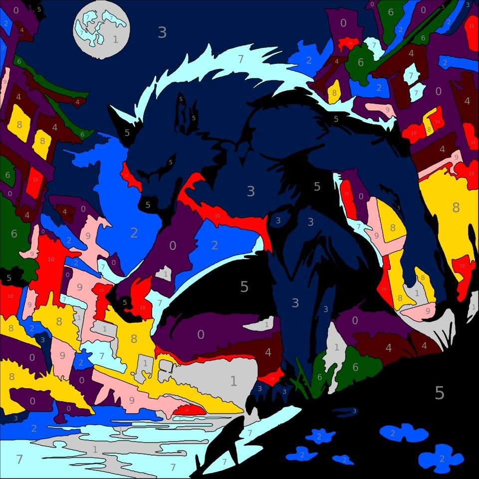 Mythical Creatures Color By Number 28 werewolf color by number page. From Mythical Creatures Color by Number by Wonderword Crew.