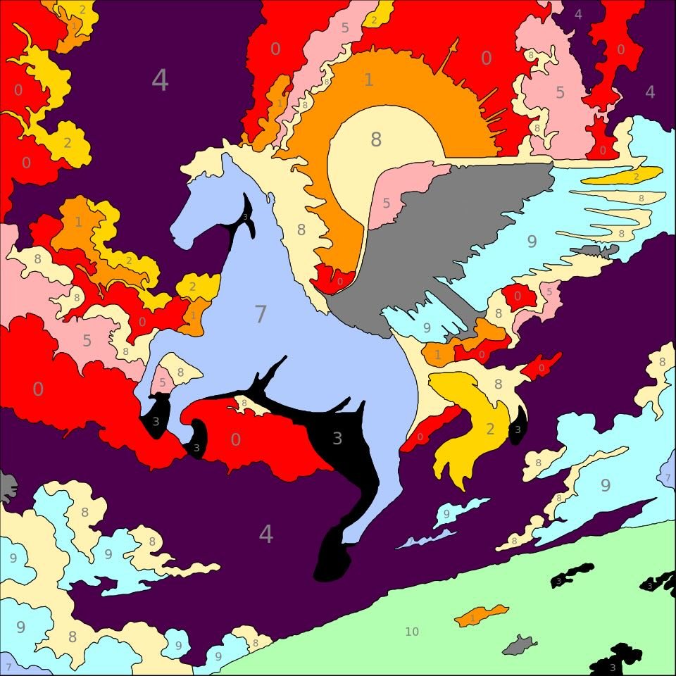 Mythical Creatures Color By Number 12 winged horse color by number page. From Mythical Creatures Color by Number by Wonderword Crew.
