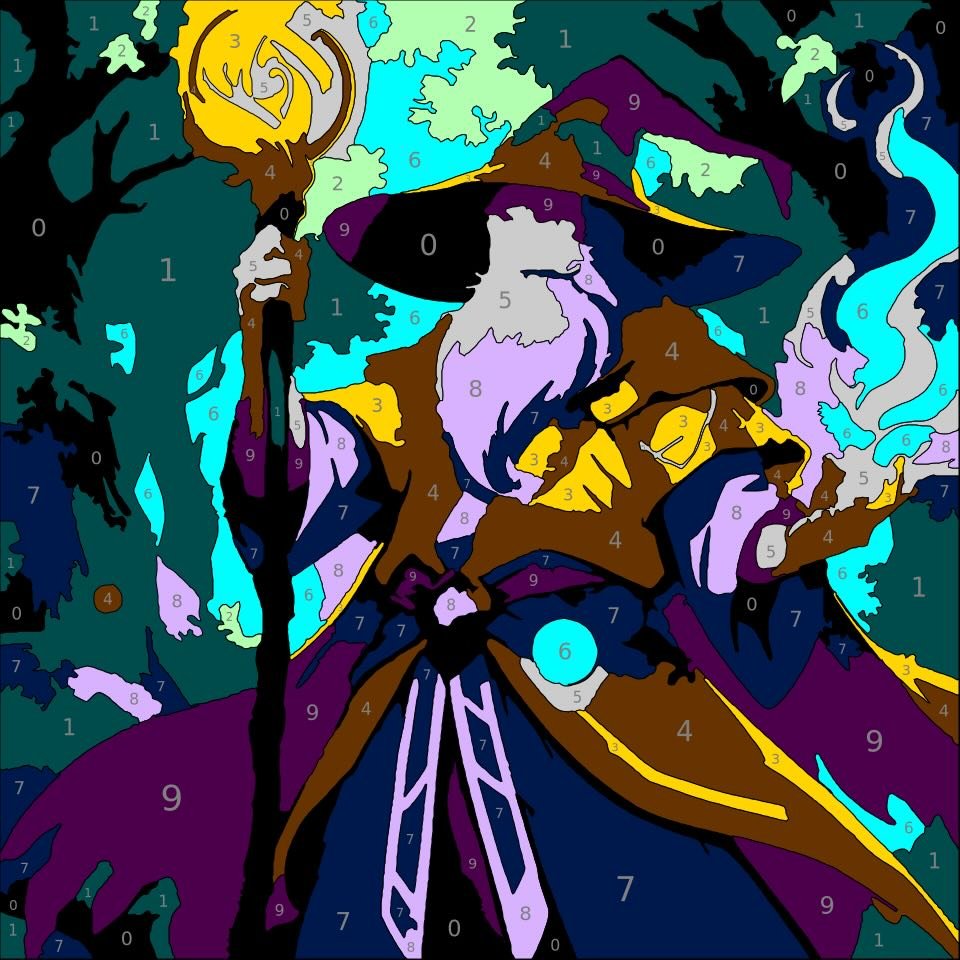 Mythical Creatures Color By Number 20 wizard color by number page. From Mythical Creatures Color by Number by Wonderword Crew.